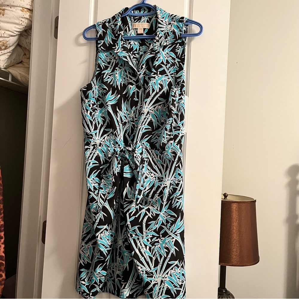 Michael Kors blue tropical floral faux-wrap dress